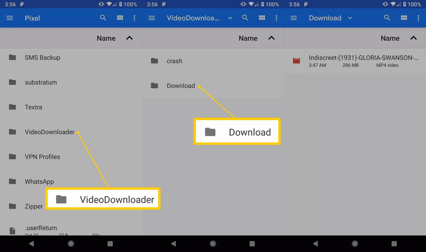 Три экрана Android с папками VideoDownloader и Download