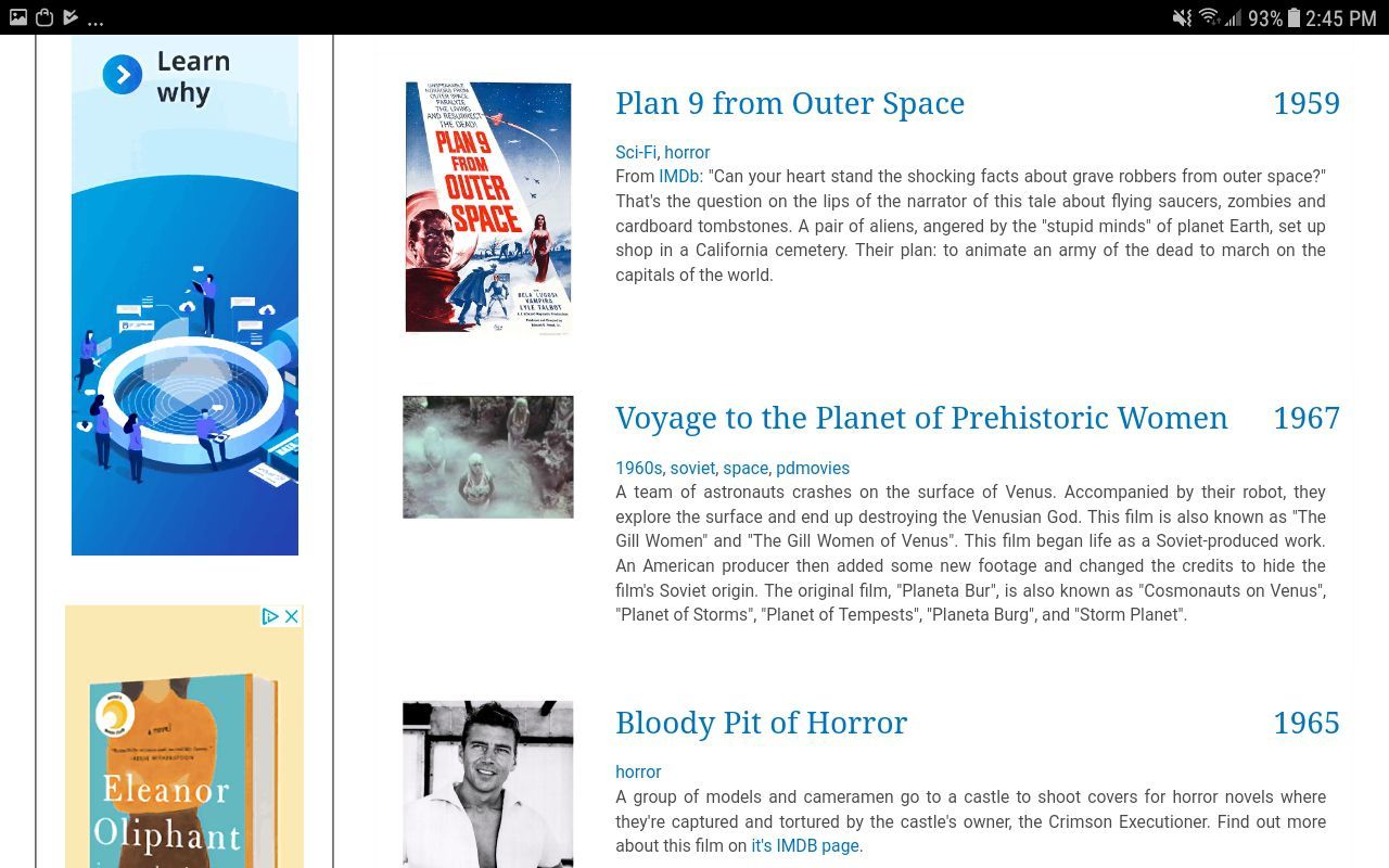Скриншот нескольких научно-фантастических фильмов общественного достояния на веб-сайте Public Domain Movies.