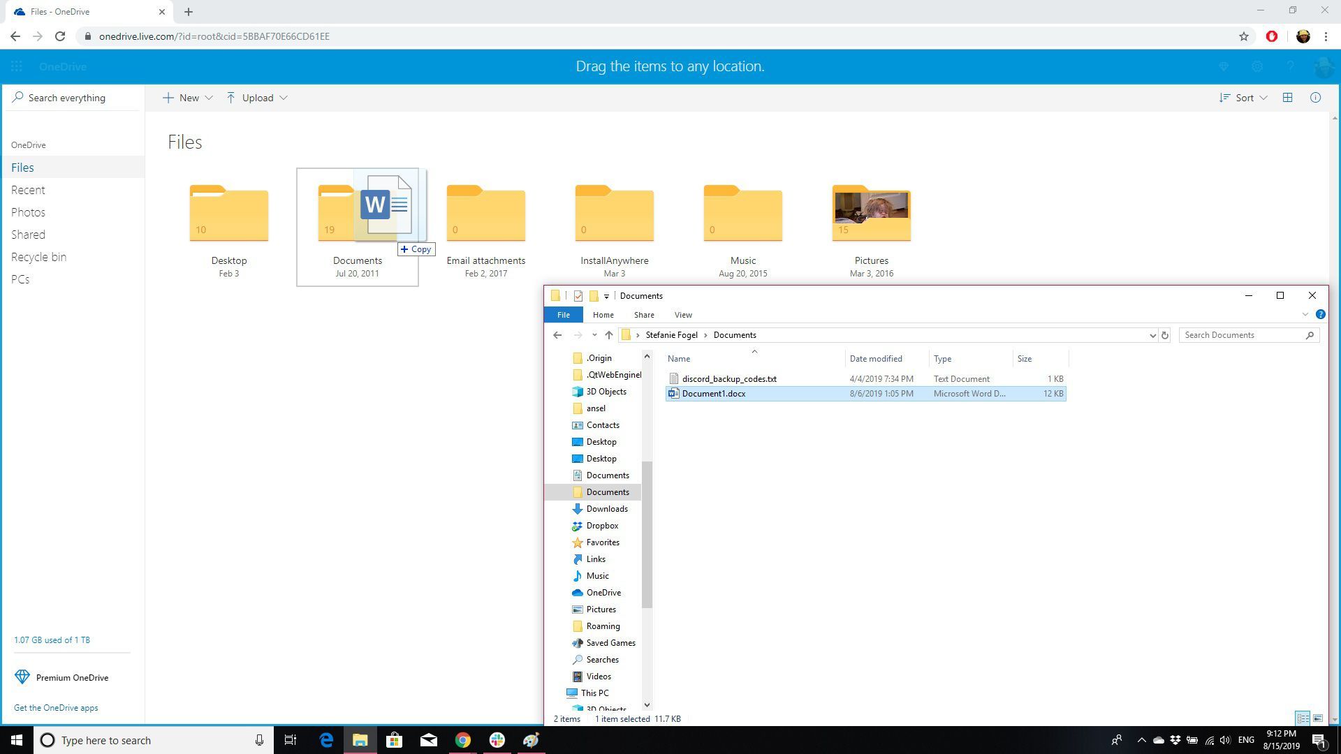 Снимок экрана с изображением загрузки файла в OneDrive