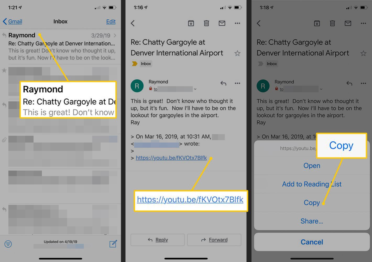 Электронная почта, чтобы нажать, URL, чтобы нажать, кнопка Копировать в iOS