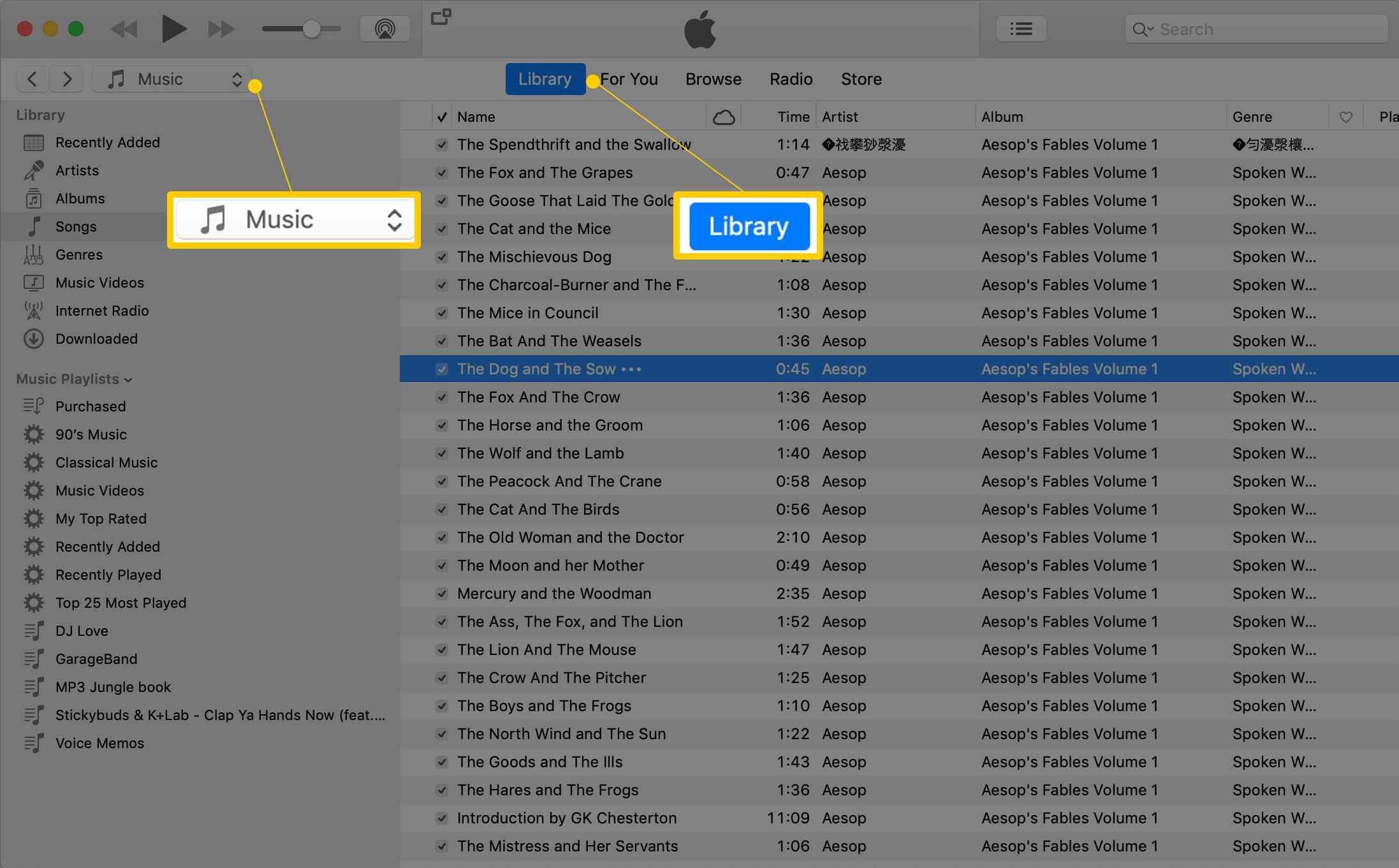 Выпадающее меню Музыка и вкладка Библиотека в iTunes
