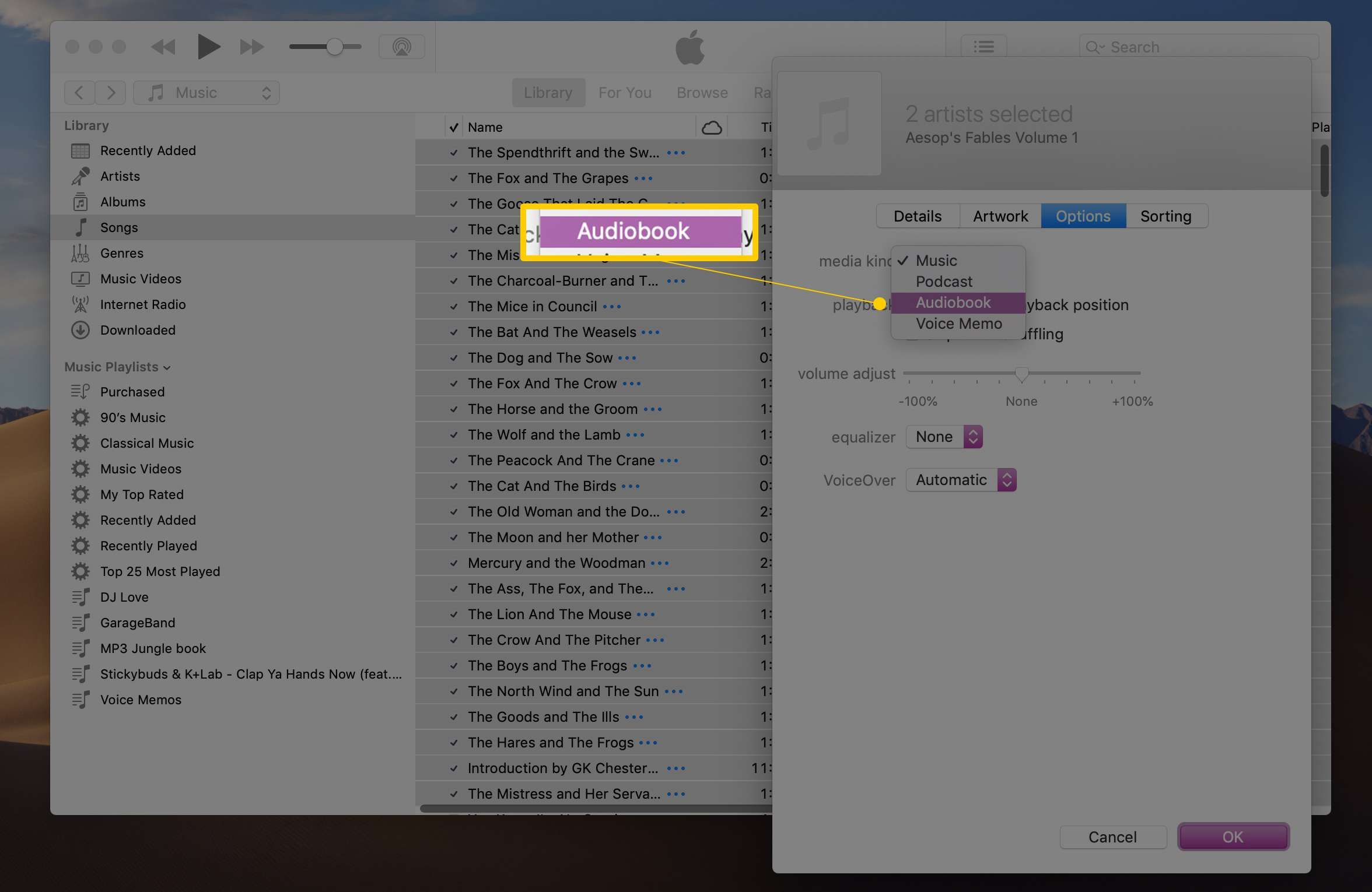 Раскрывающийся список типов аудиокниг на вкладке «Параметры» в iTunes' Get Info box