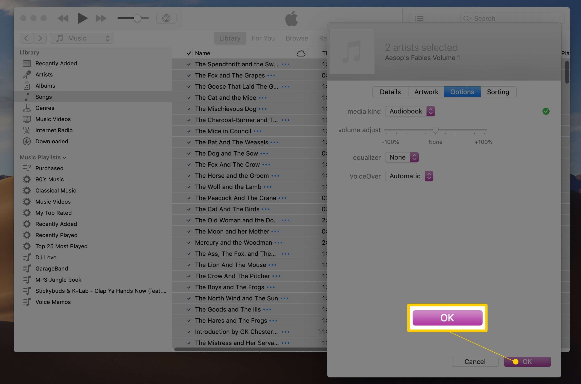 Кнопка «ОК» в окне «Информация о iTunes»