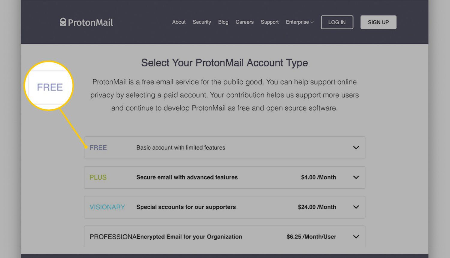 Бесплатная кнопка в типе учетной записи ProtonMail