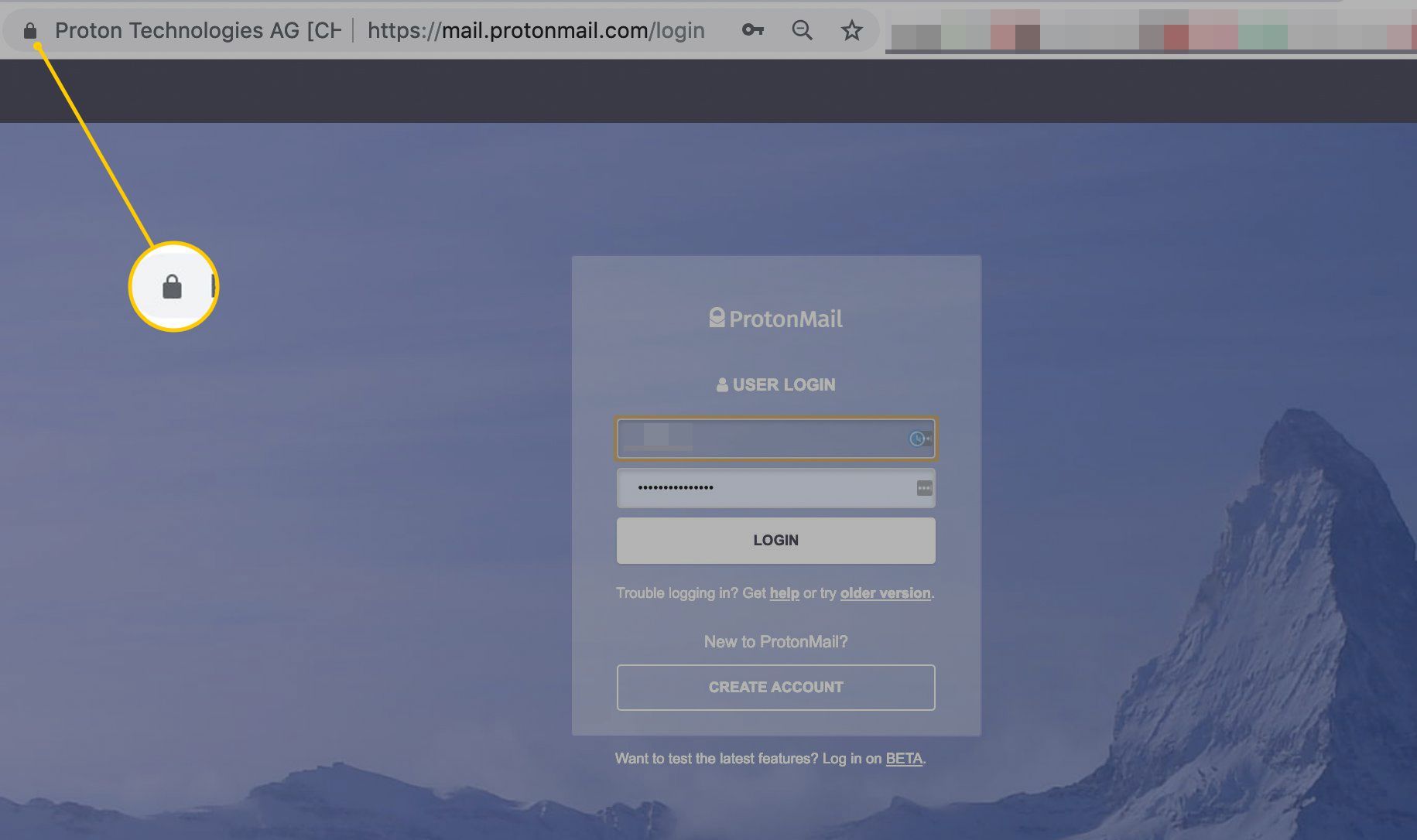 Значок блокировки в веб-интерфейсе Protonmail
