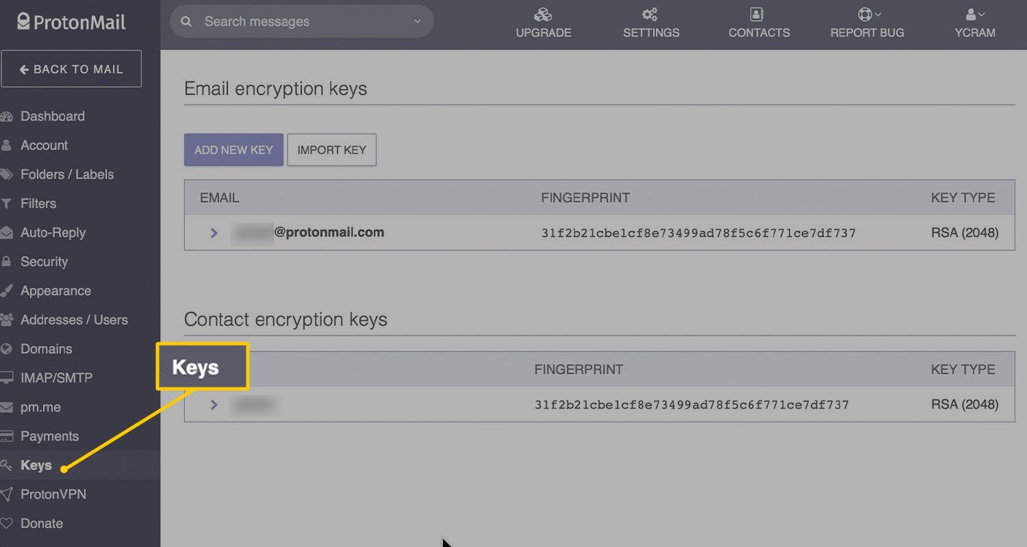 Вкладка «Ключи» в ProtonMail