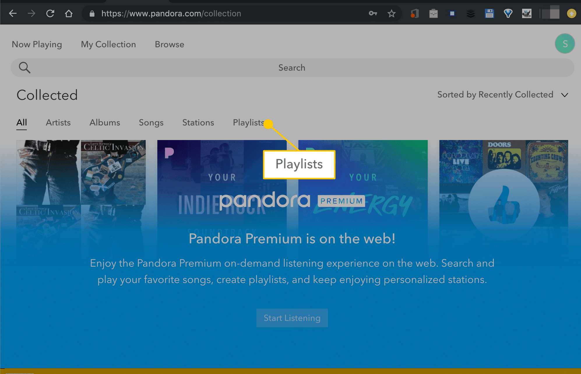 Вкладки плейлистов в Pandora в Интернете