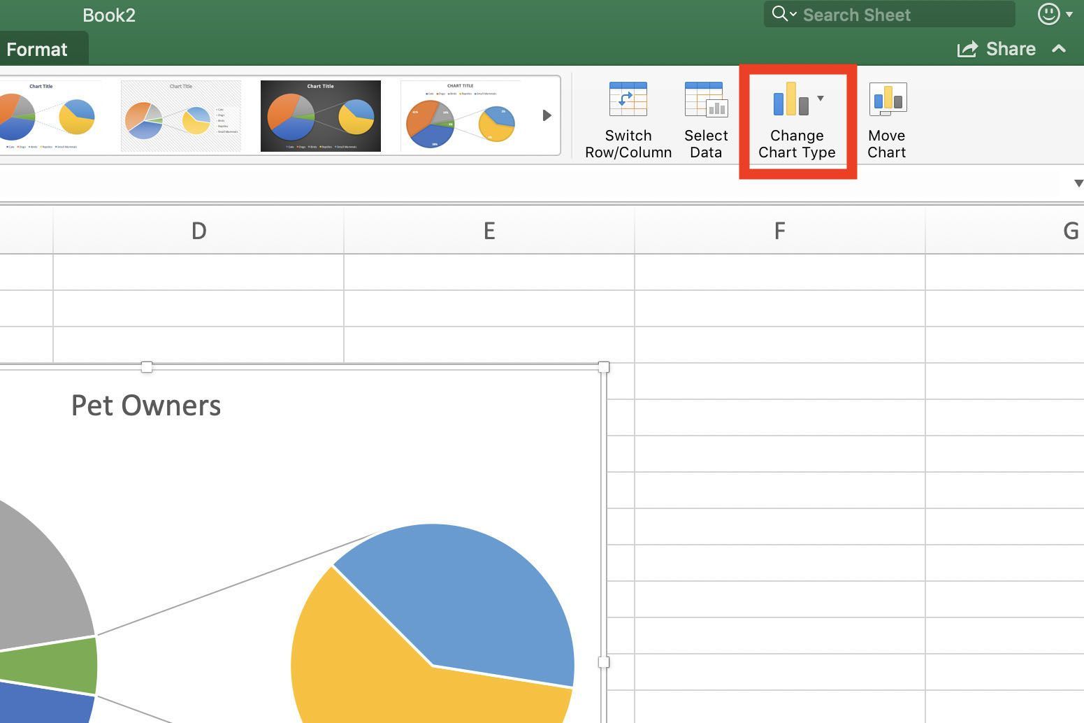Снимок экрана Excel, показывающий, как изменить тип диаграммы