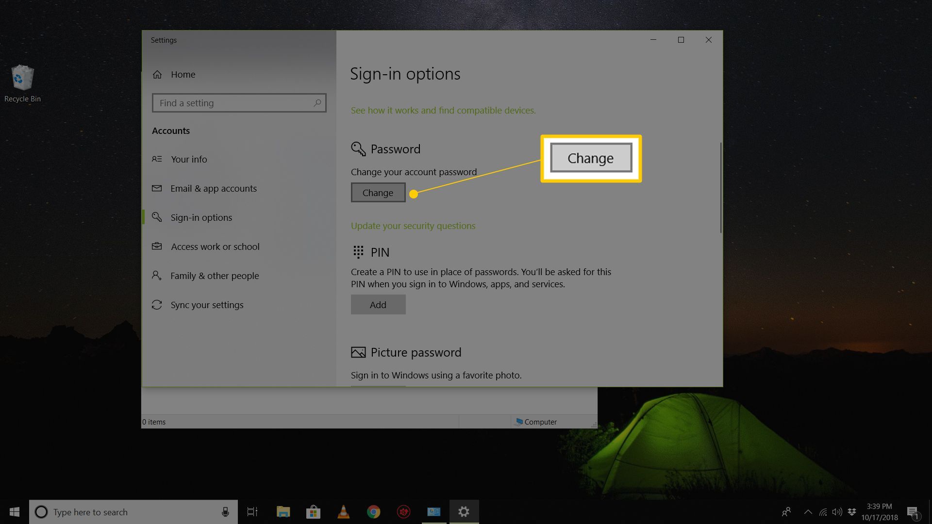 Кнопка «Изменить» в разделе «Параметры входа в пароль» в Windows 10