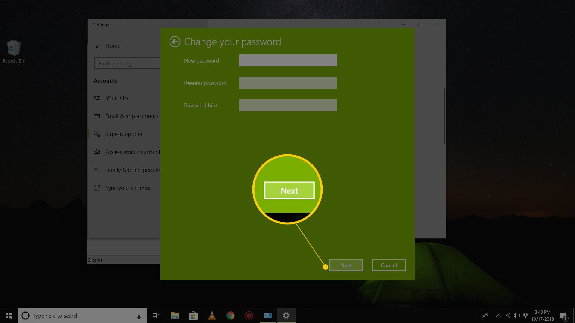 Пустые поля «Новый пароль» в диалоговом окне «Смена пароля» в Windows 10