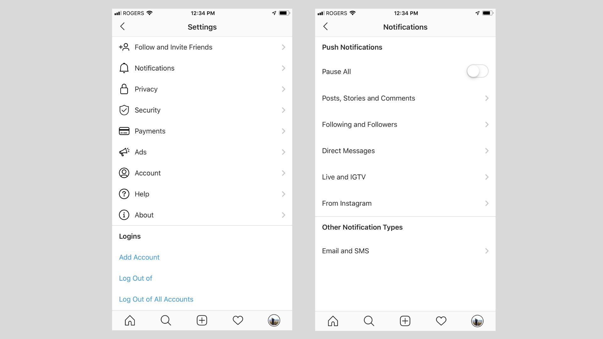Два скриншота приложения Instagram для iOS.