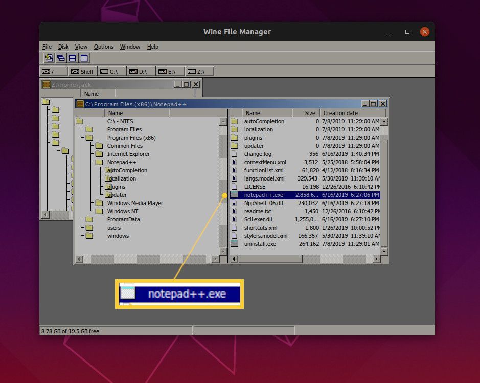 Снимок экрана запуска Notepad ++ из файлового менеджера WINE.
