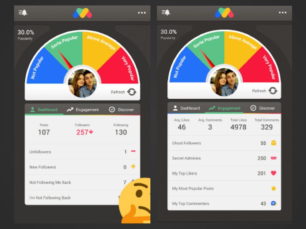 Скриншоты для приложения Follow Meter на Android, показывающие счетчики популярности