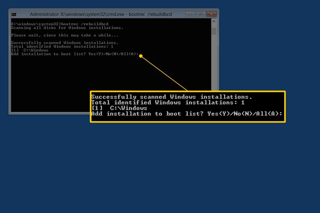 Всего идентифицированных установок Windows: 1 [1] D: \ Windows Добавить установку в список загрузки? Да / Нет / Все: ответ в консоли