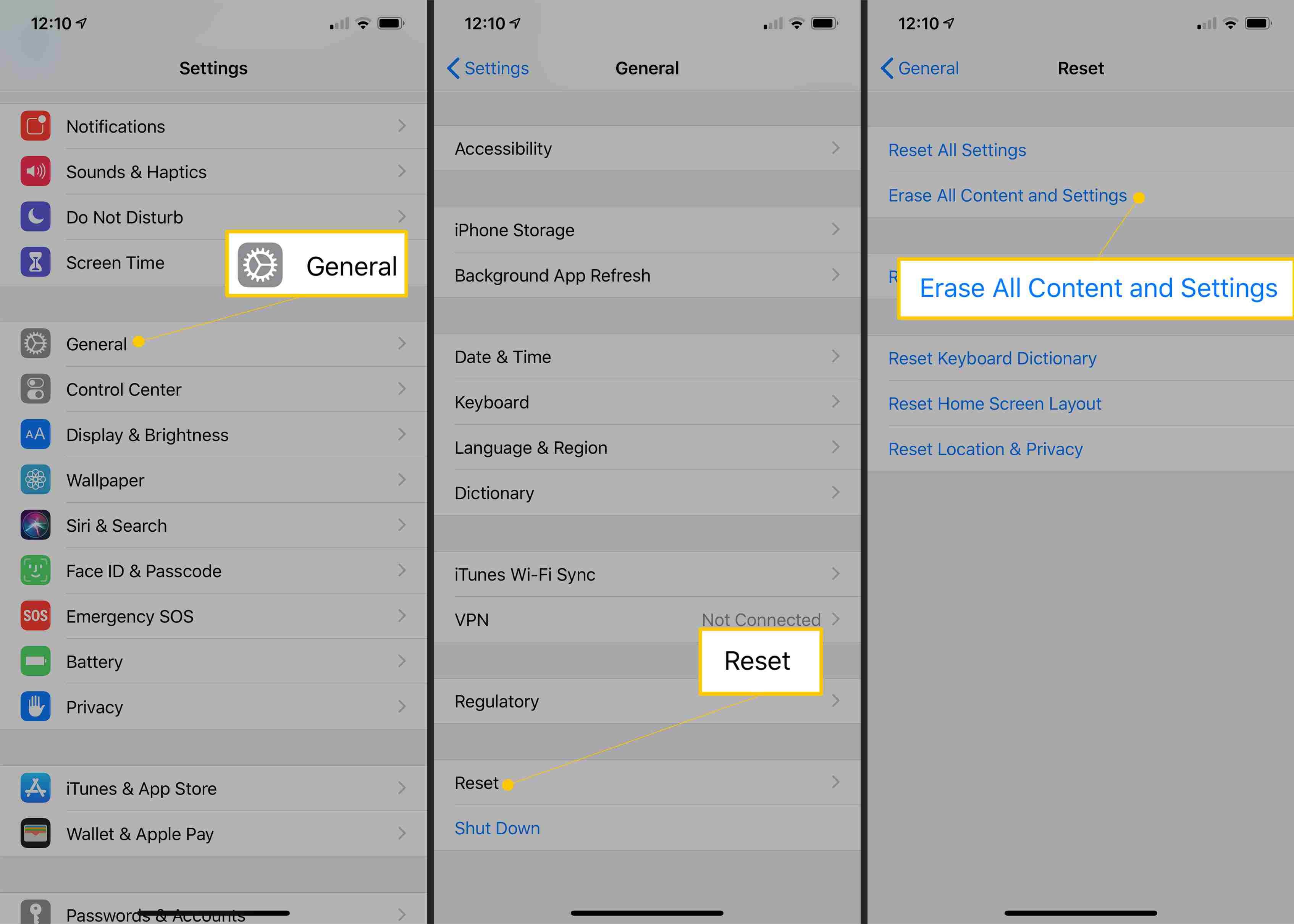 Общие, Сброс и удаление всего содержимого и настроек в приложении «Настройки iOS»