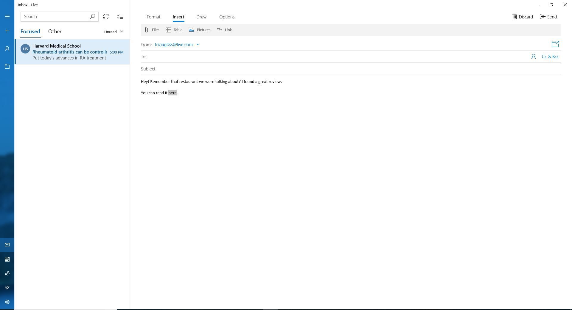 Снимок экрана сообщения электронной почты Windows Mail с выбранной вкладкой 