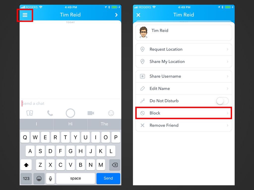 Два скриншота приложения Snapchat, показывающие, как заблокировать пользователя.