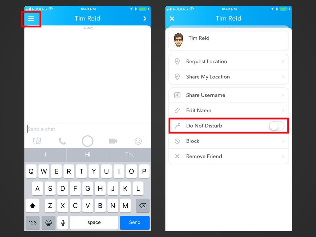 Два скриншота приложения Snapchat, показывающие, как включить режим «Не беспокоить» для пользователя.
