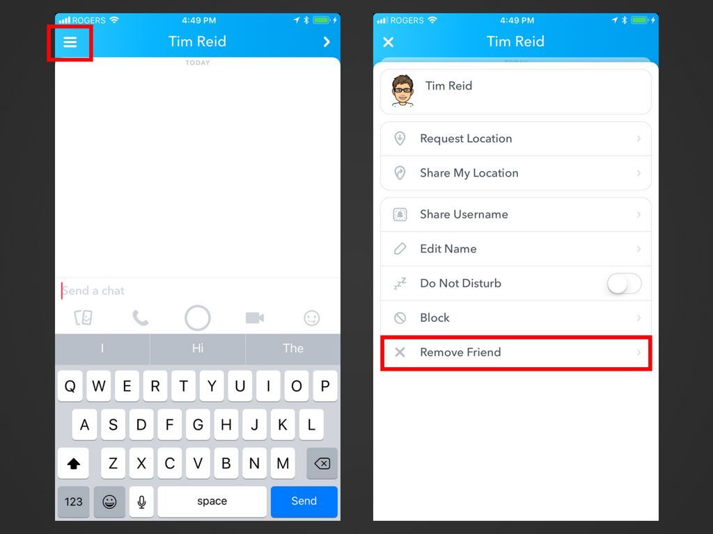 Два скриншота приложения Snapchat, показывающие, как удалить друга.