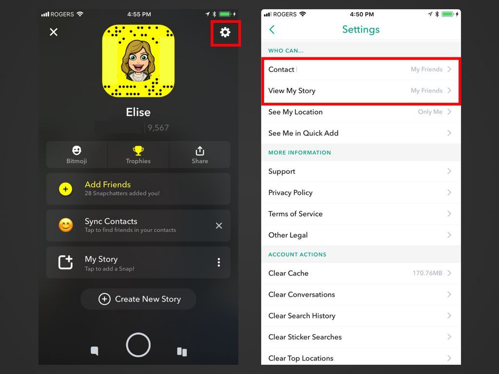 Два скриншота приложения Snapchat, показывающие, как получить доступ к настройкам пользователя.