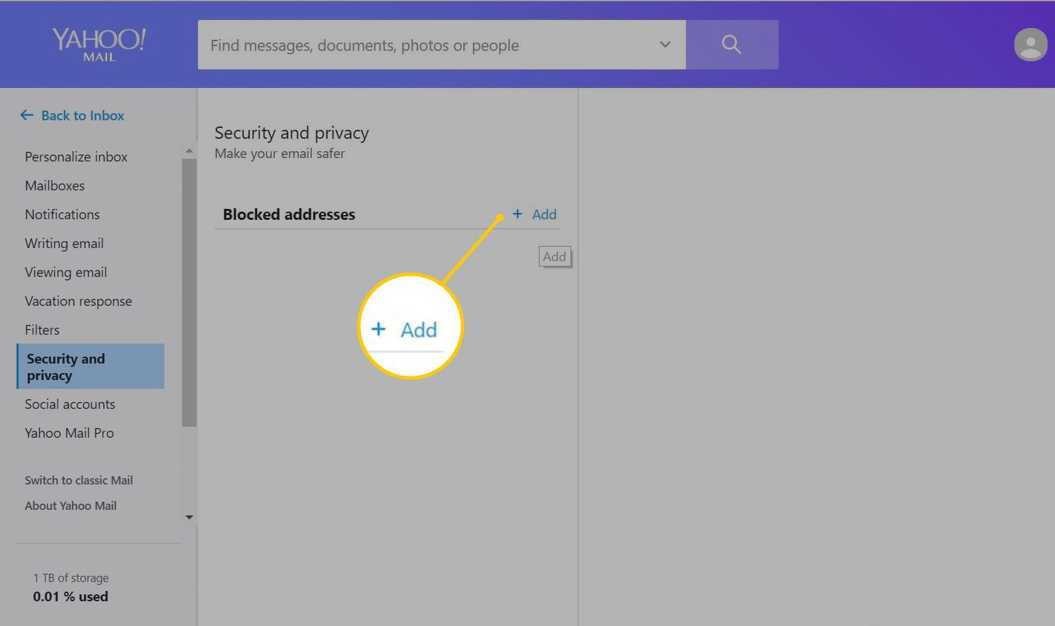 Кнопка «Добавить» на странице заблокированных отправителей Yahoo Mail