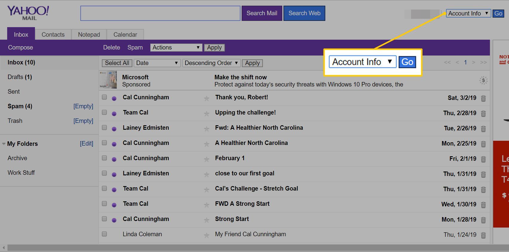 Меню информации об учетной записи в Yahoo Mail Basic