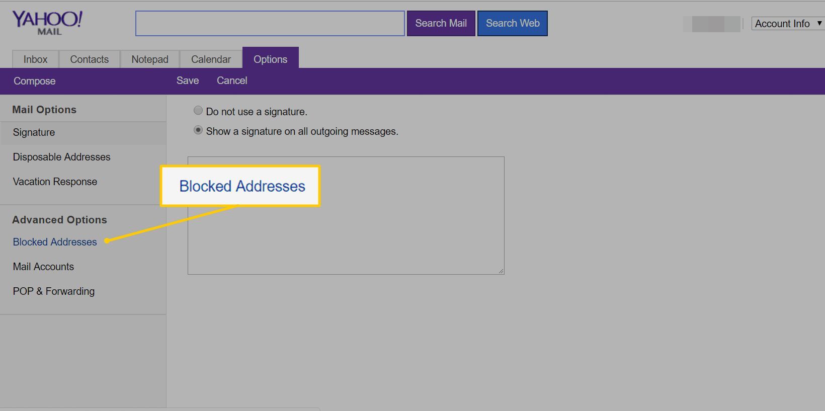 Ссылка заблокированных адресов на веб-странице Yahoo Mail Basic