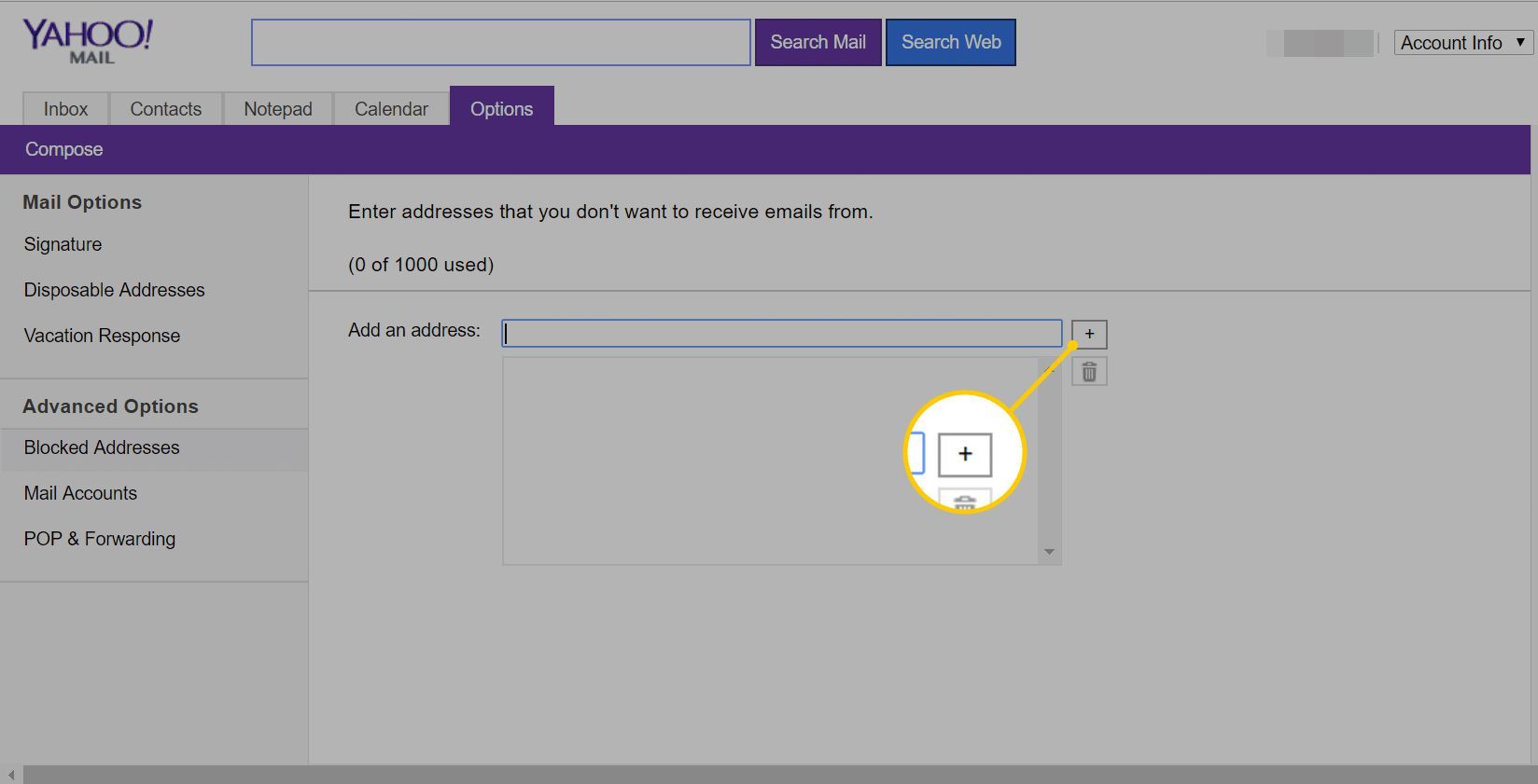 Знак плюс, чтобы добавить заблокированный адрес электронной почты на веб-странице Yahoo Mail Basic