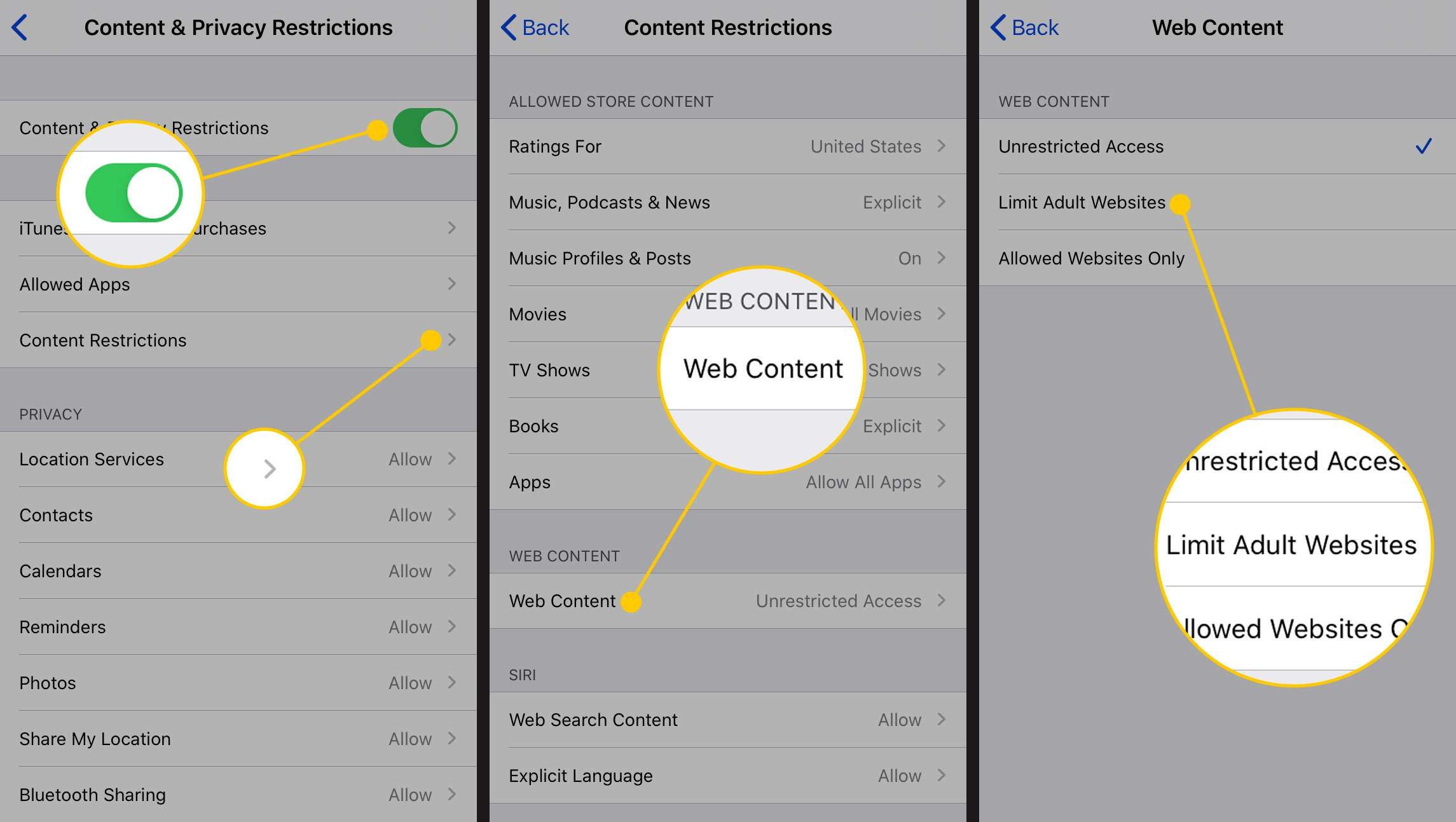 Ограничения содержимого, параметры веб-содержимого и ограничения сайтов для взрослых в настройках iOS
