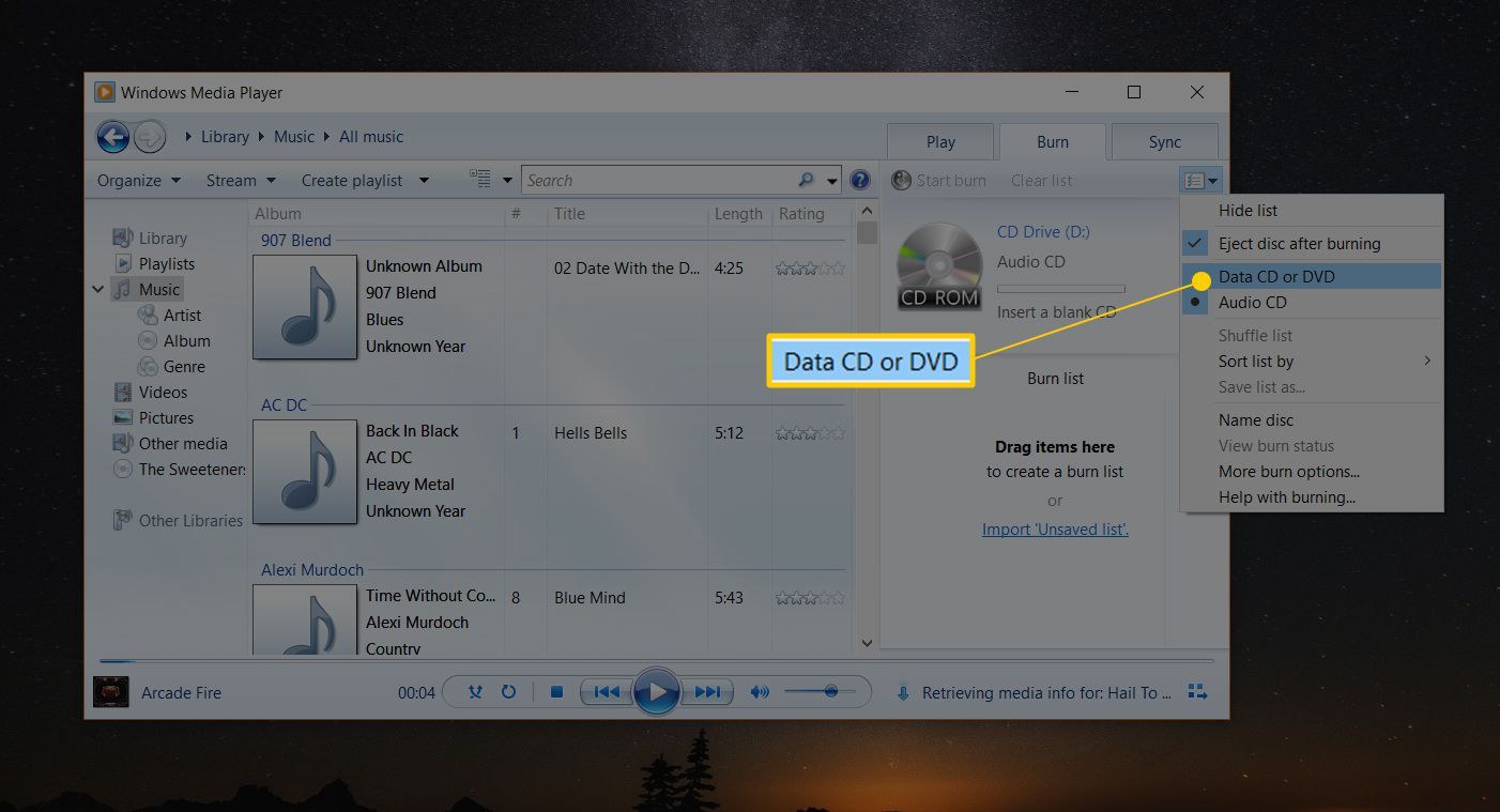 Пункт меню CD или DVD с данными в проигрывателе Windows Media