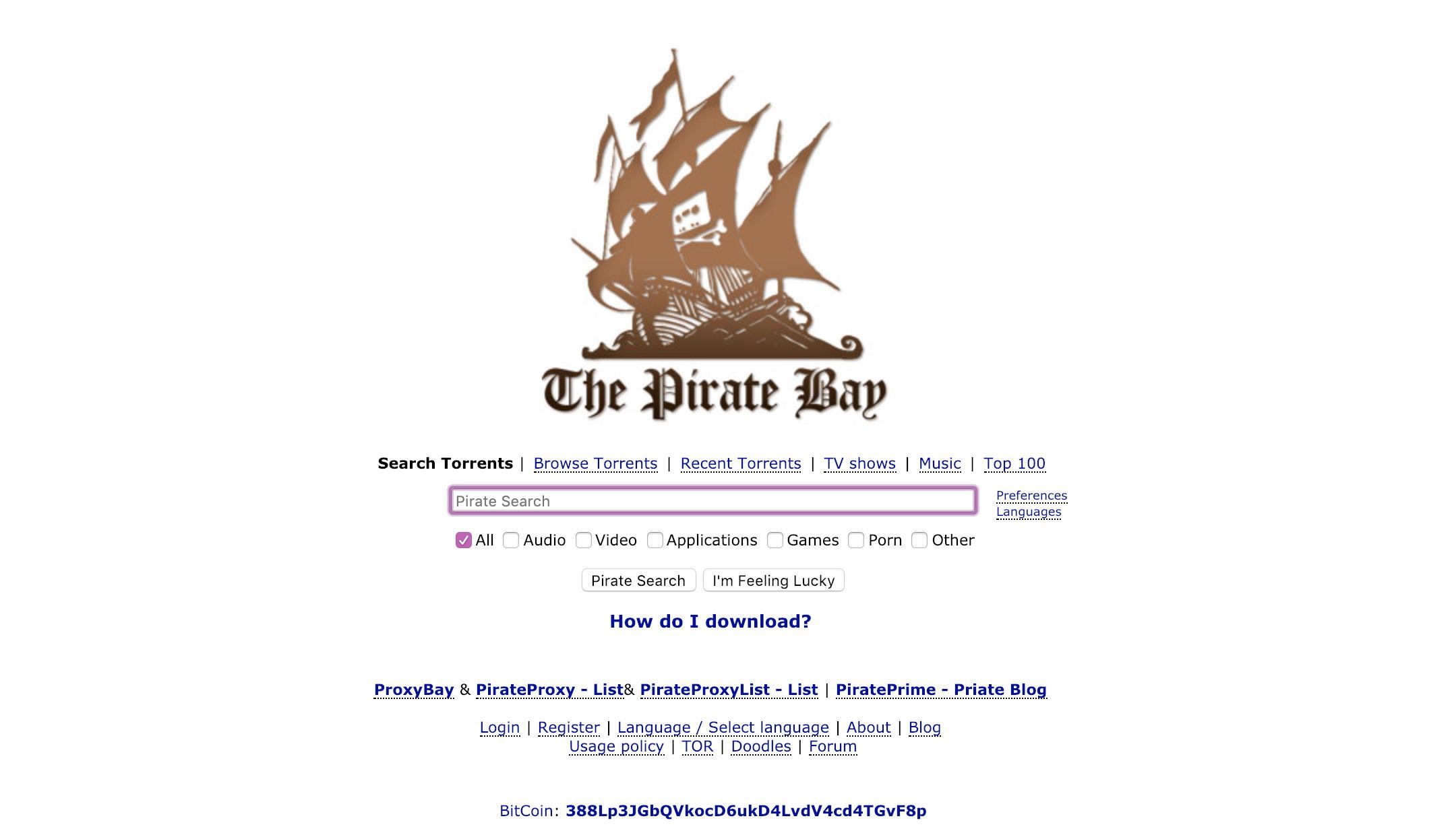 Скриншот торрент-сайта The Pirate Bay