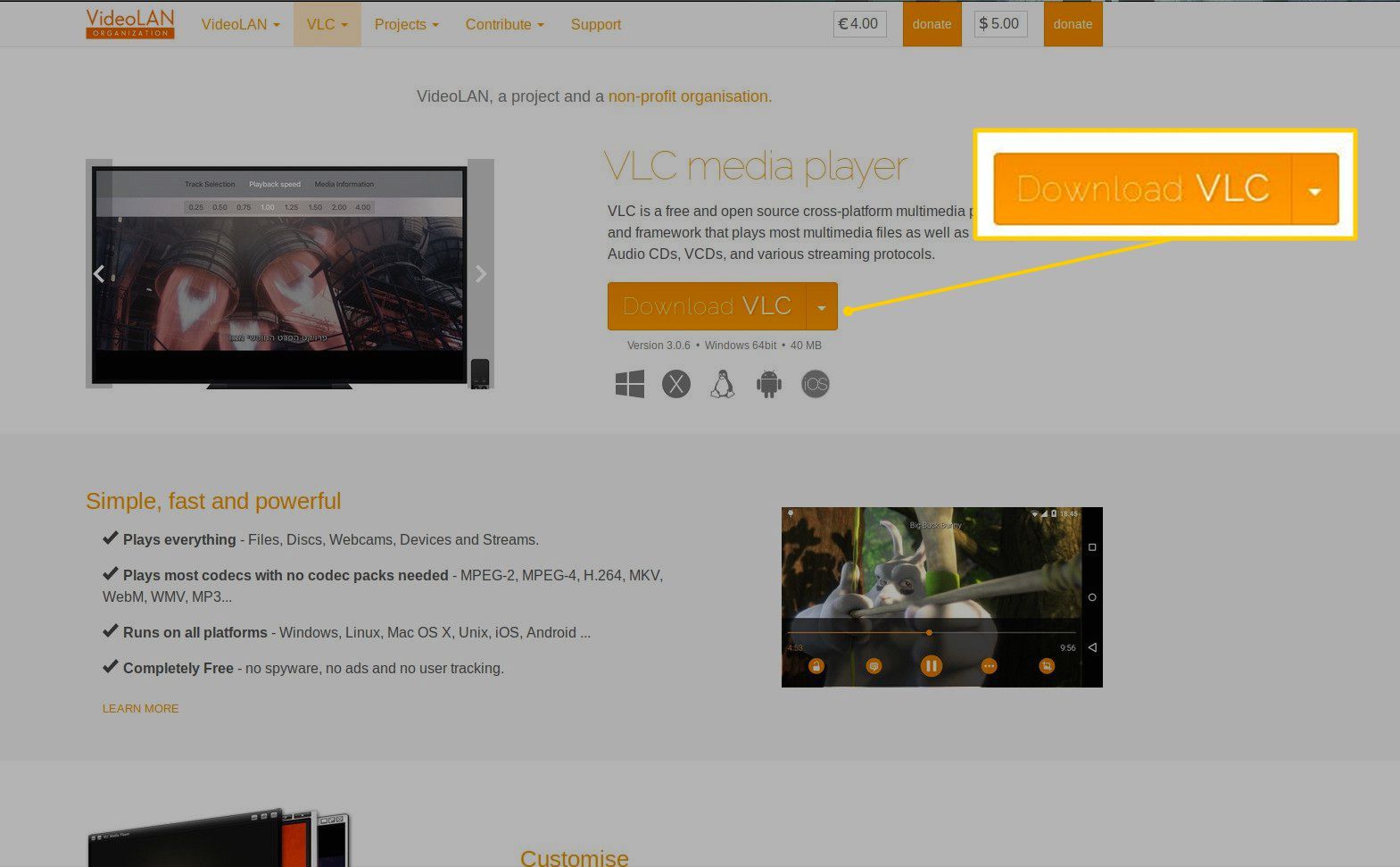 Кнопка загрузки на сайте VLC