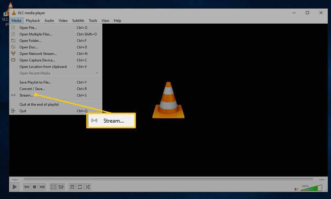 Опция меню потока для VLC в Windows