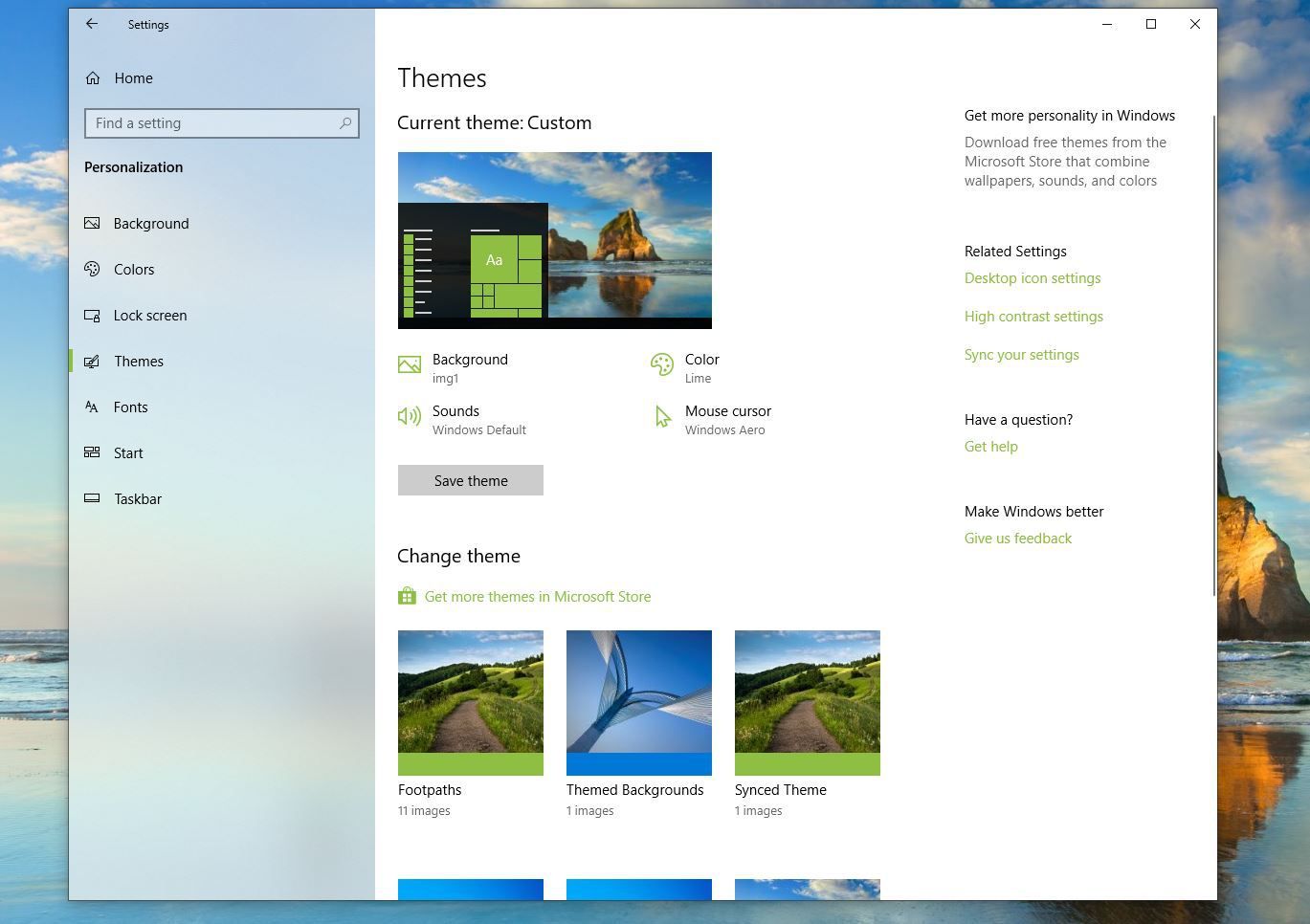Снимок экрана: получить дополнительные темы в магазине Microsoft link