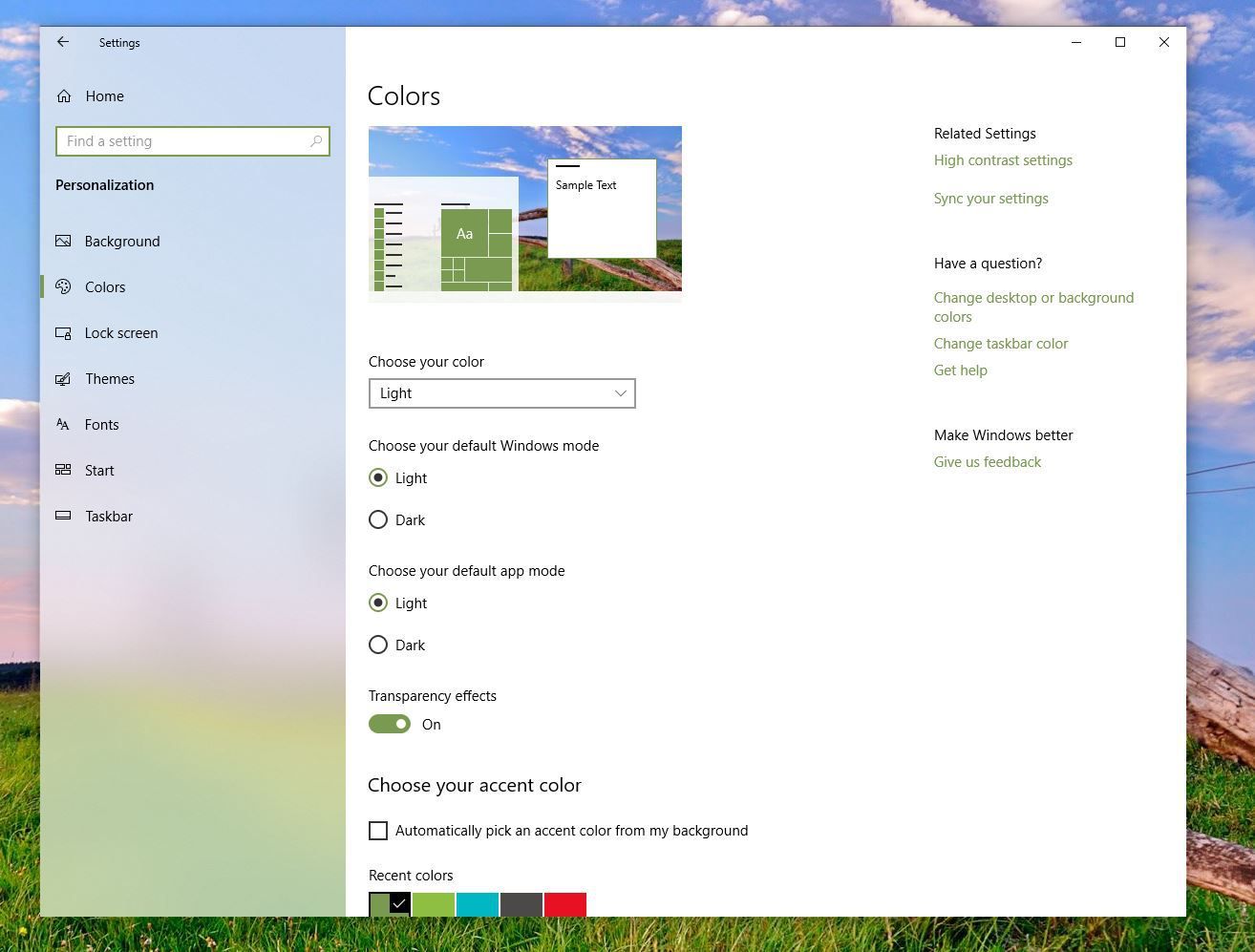 Снимок экрана с вариантами цветов в темах