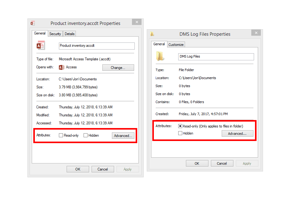 Снимок экрана параметров атрибутов файлов и папок в Windows 8