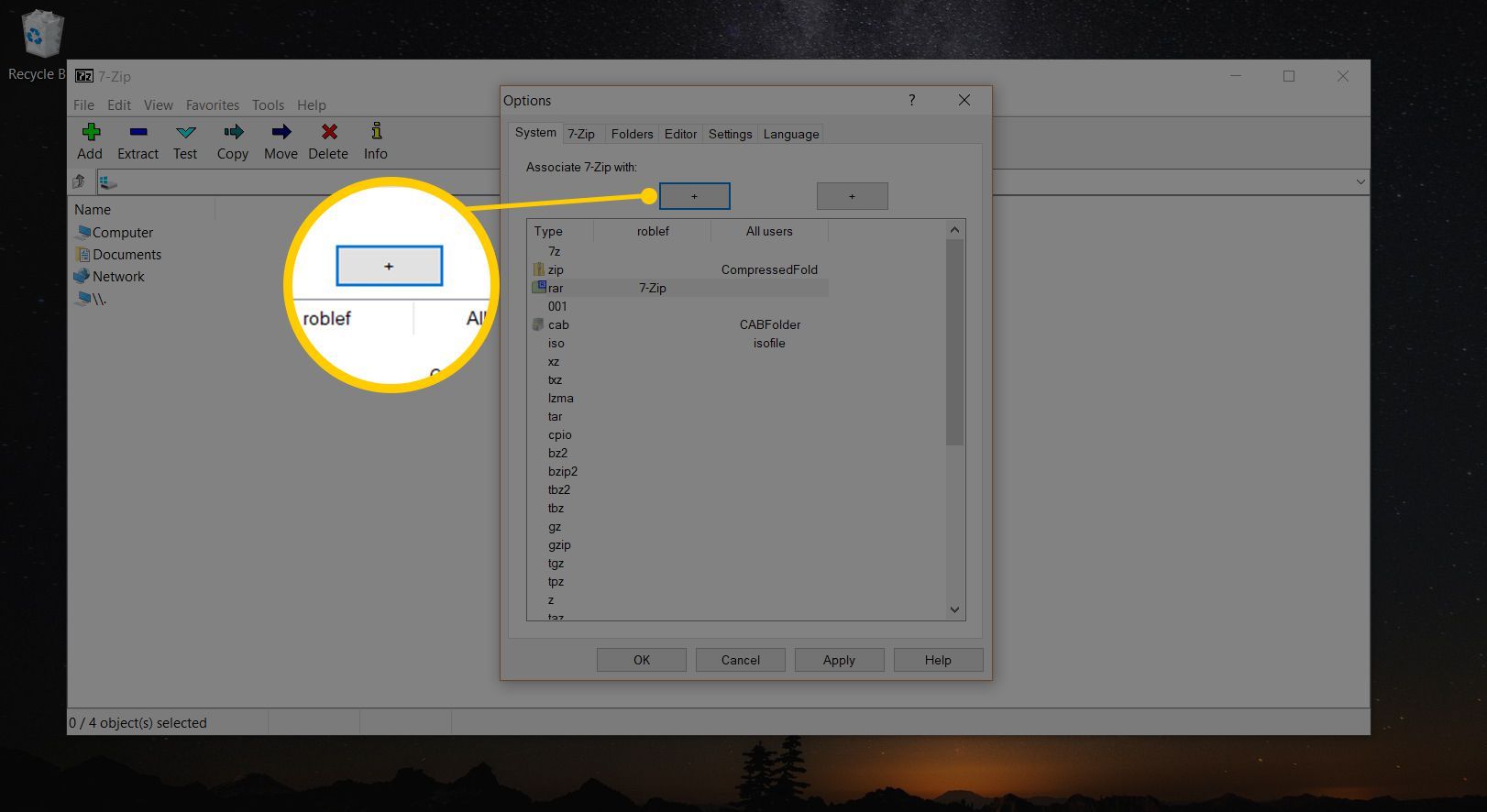 Снимок экрана программы 7-Zip в Windows 10, посвященной сопоставлению файлов RAR