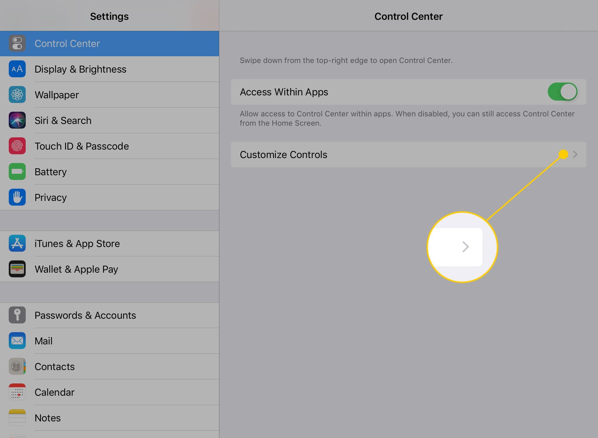 Настройки Центра управления iPad с выделенным заголовком «Настройка элементов управления»