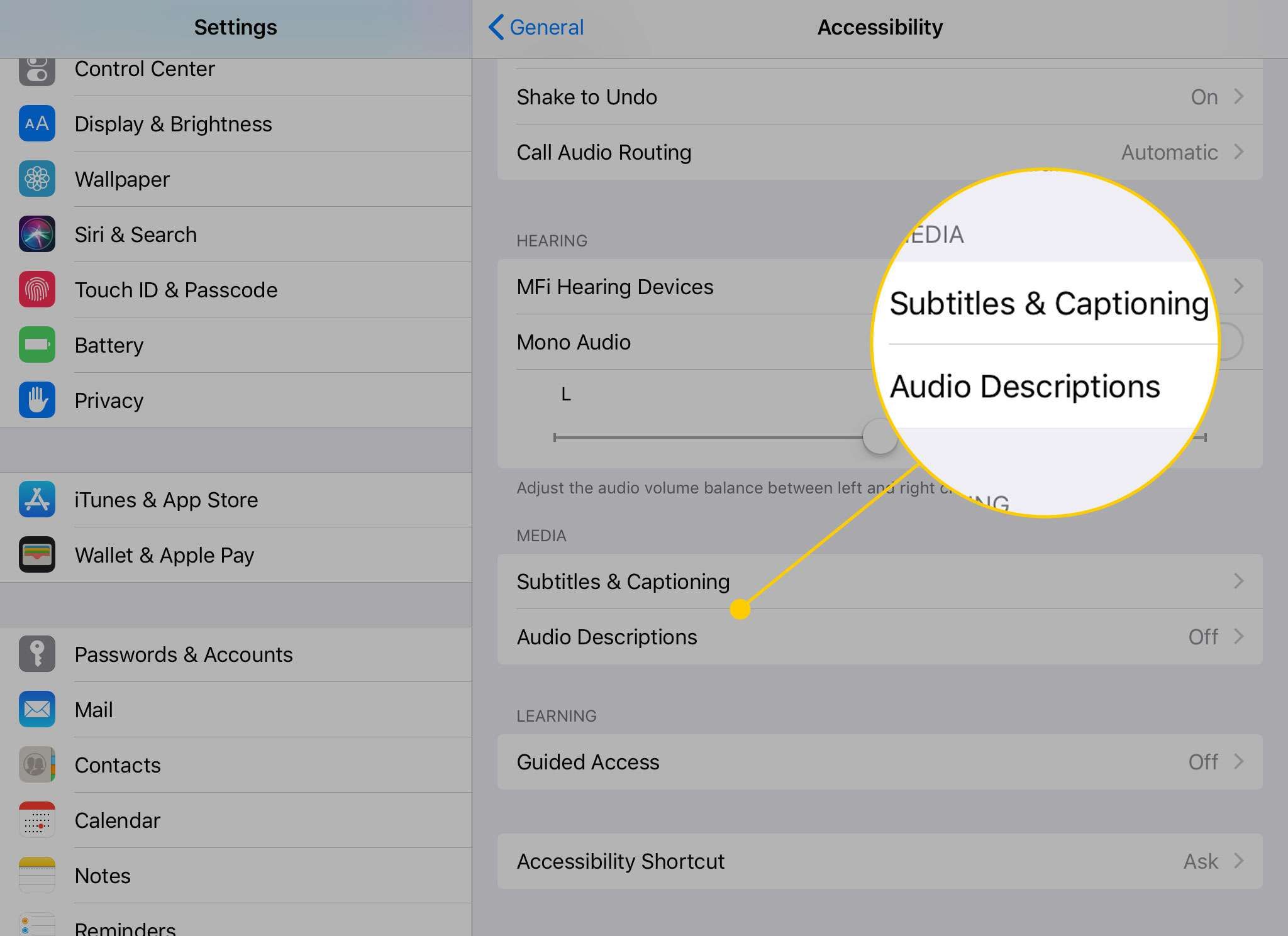 Параметры доступности на iPad с выделенными заголовками «Субтитры и субтитры» и «Описания аудио»