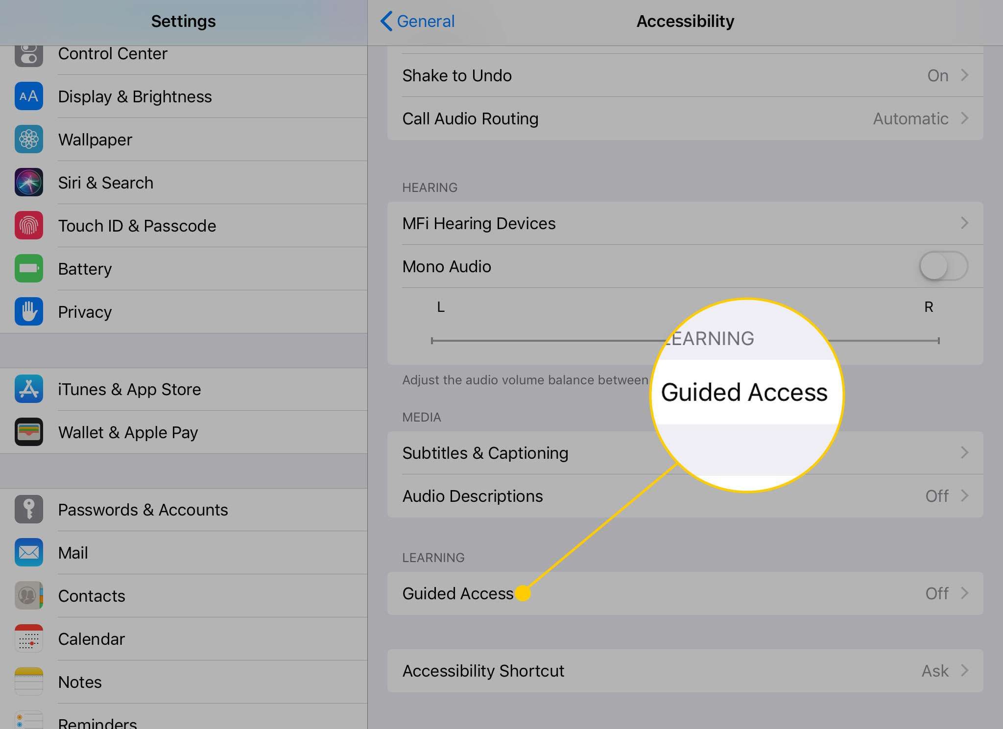 Параметры доступности iPad с выделенным заголовком «Управляемый доступ»