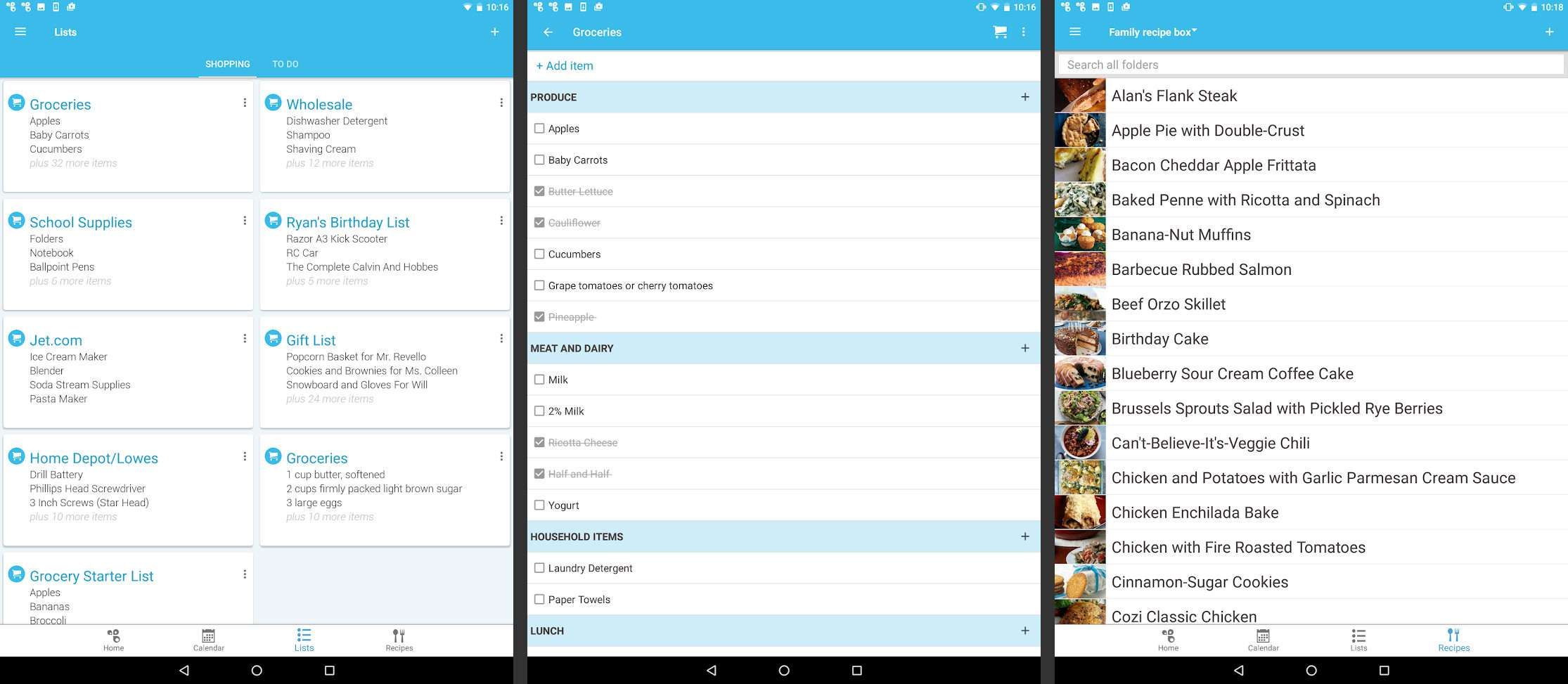 Три экрана Android из приложения Cozi
