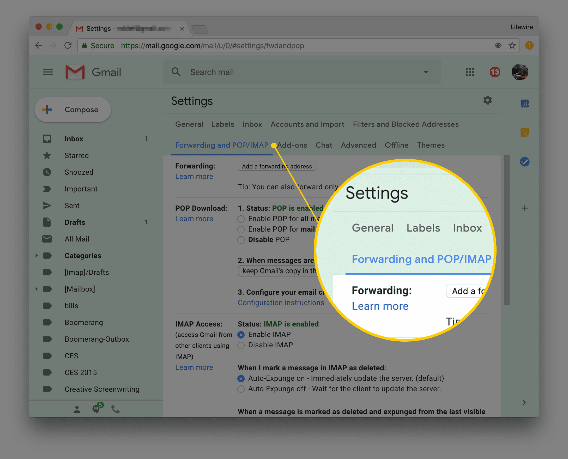 Экран настроек Gmail POP / IMAP в браузере Chrome