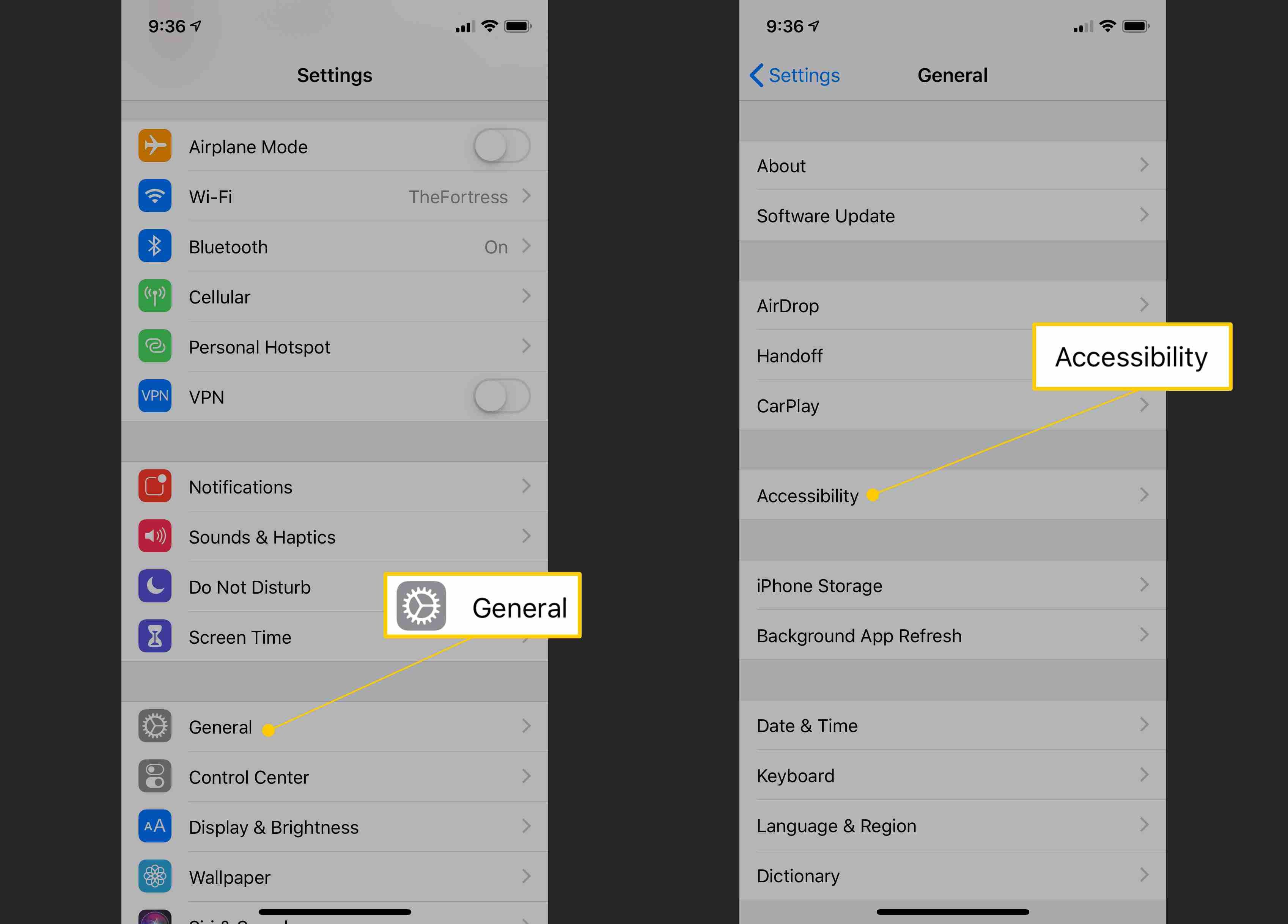 Два экрана iOS с выделенными кнопками General и Accessibility