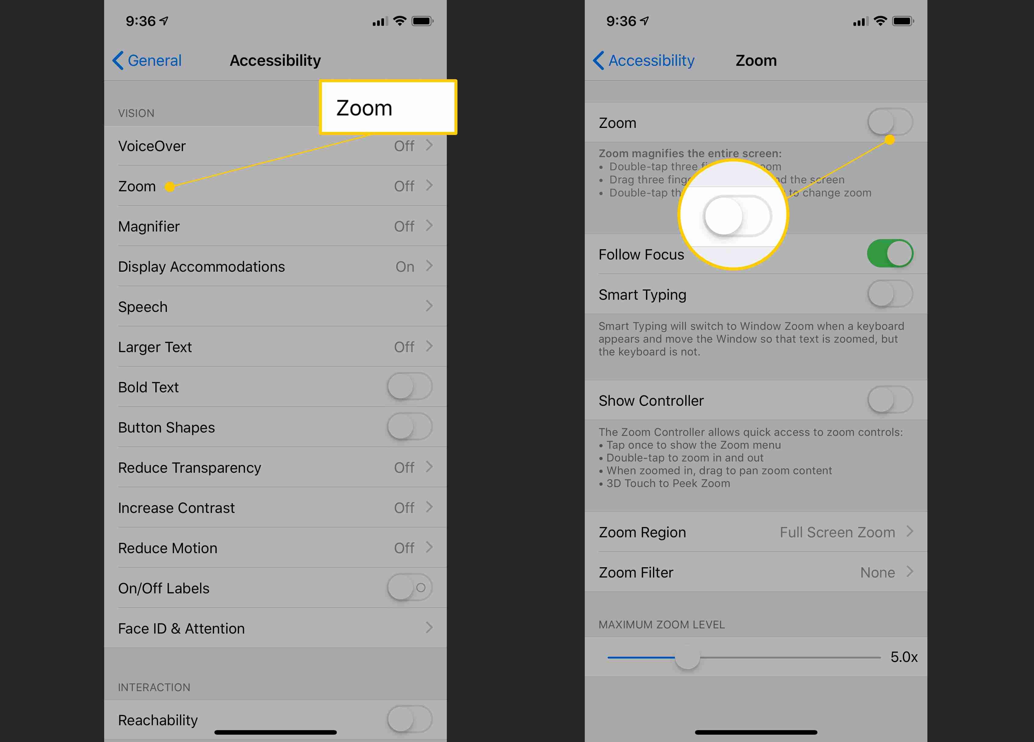 Увеличьте панель «Специальные возможности» и переключитесь в положение «ВЫКЛ» в настройках iOS.