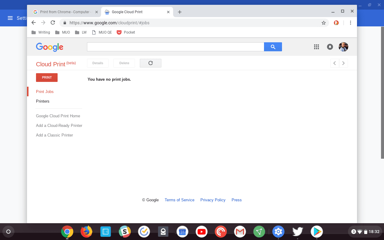 Снимок экрана веб-сайта Google Cloud Print в Chrome