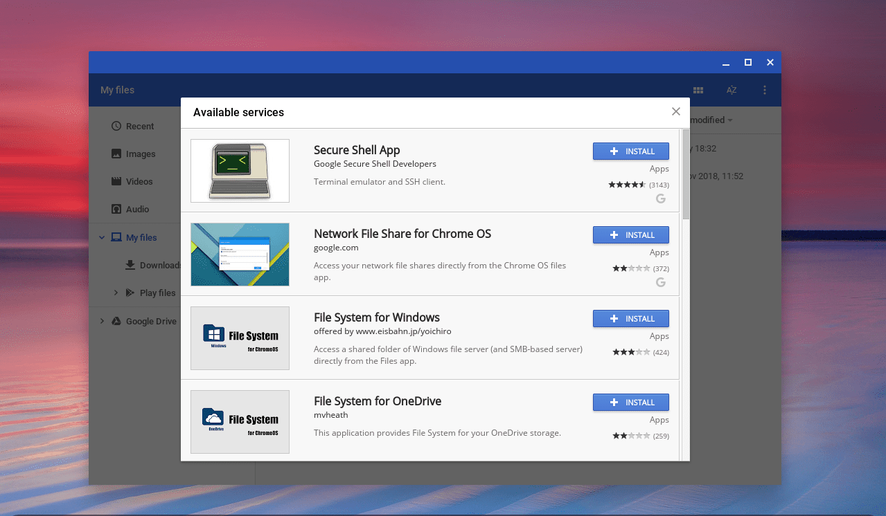 Снимок экрана выбора облачных сервисов Chrome OS