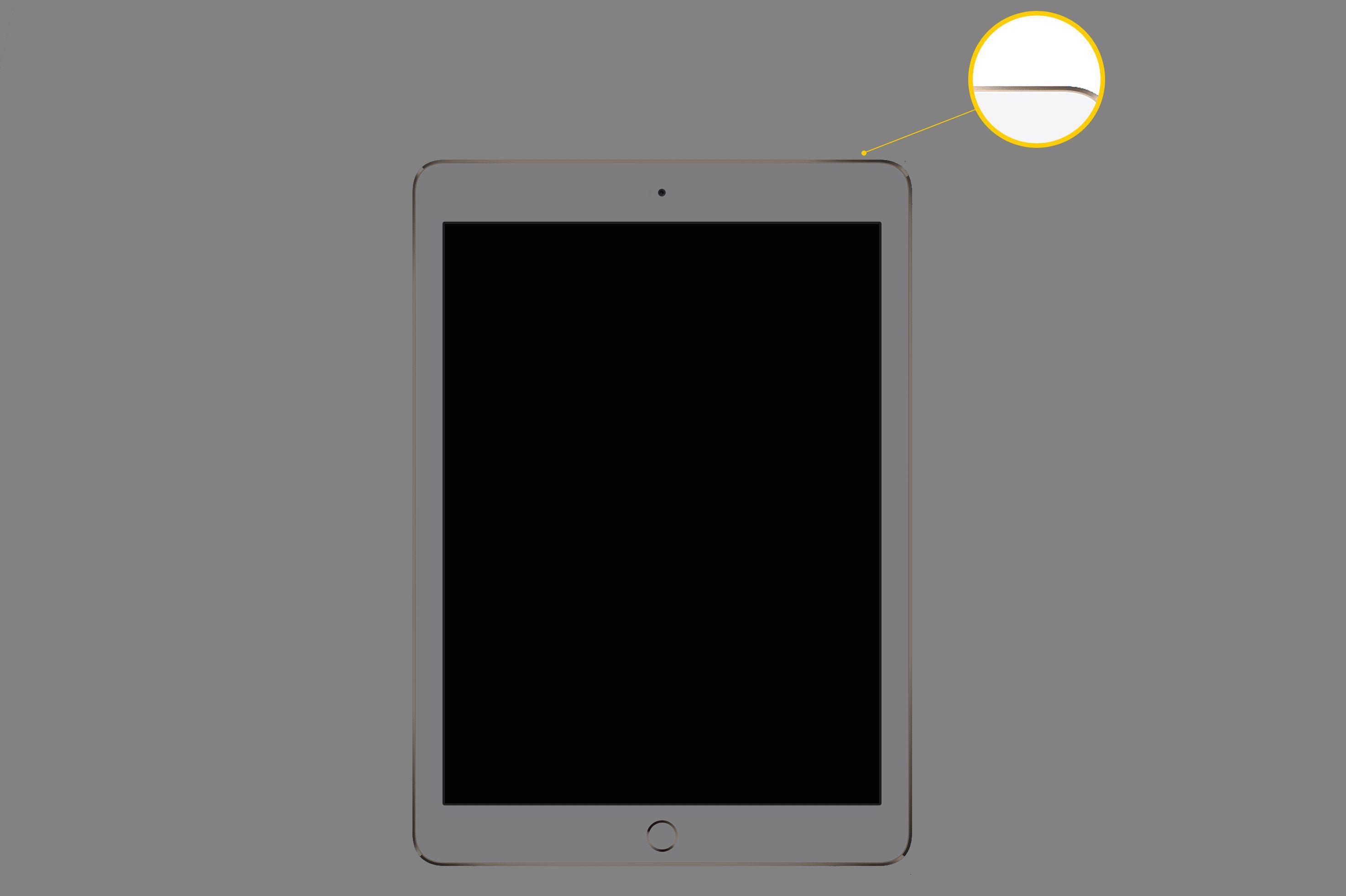 iPad с экраном, подсвечивающим кнопку «Режим сна / Пробуждение» в правом верхнем углу устройства