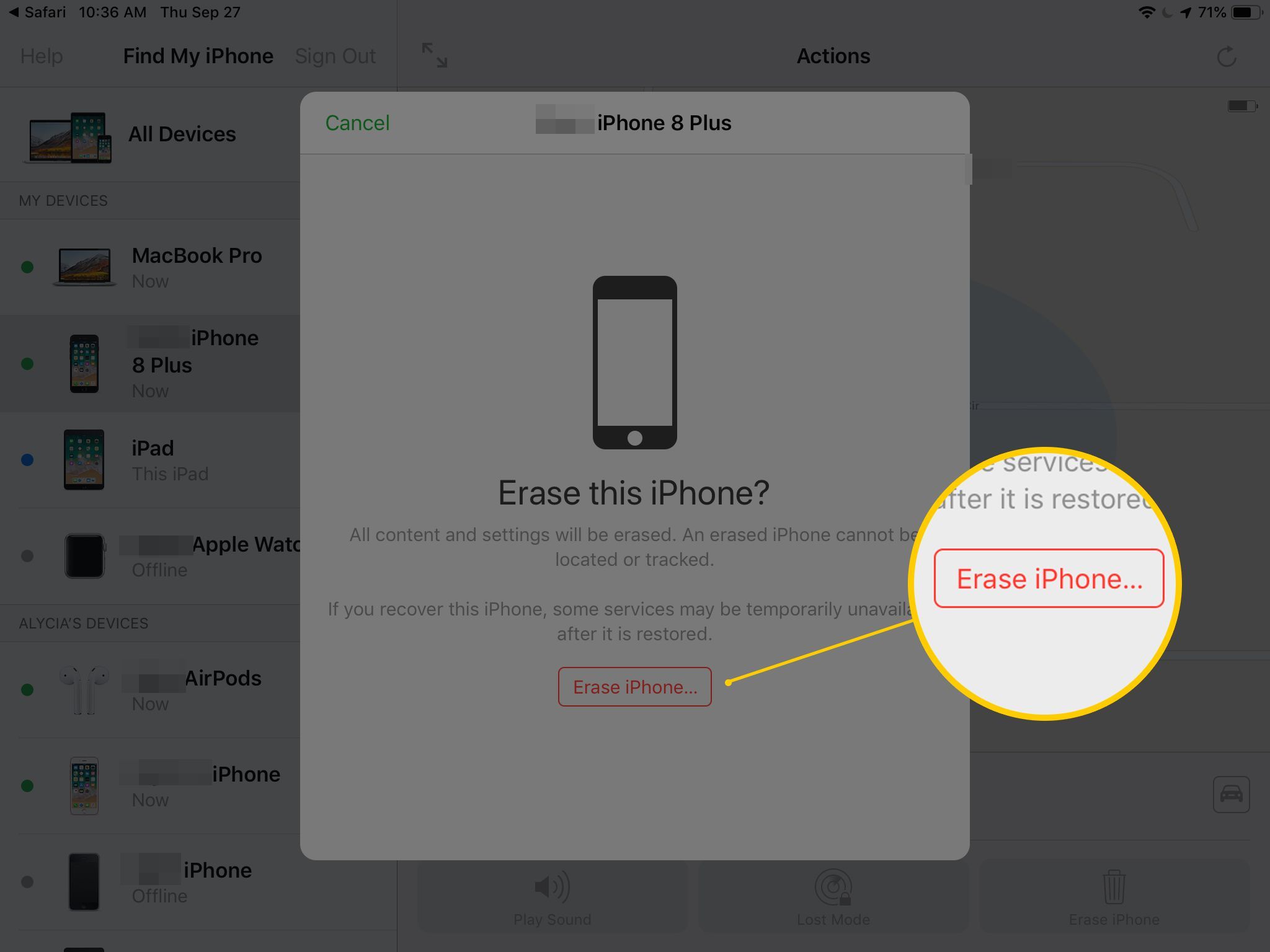 IPad's Find My iPhone app with Erase iPhone red button
