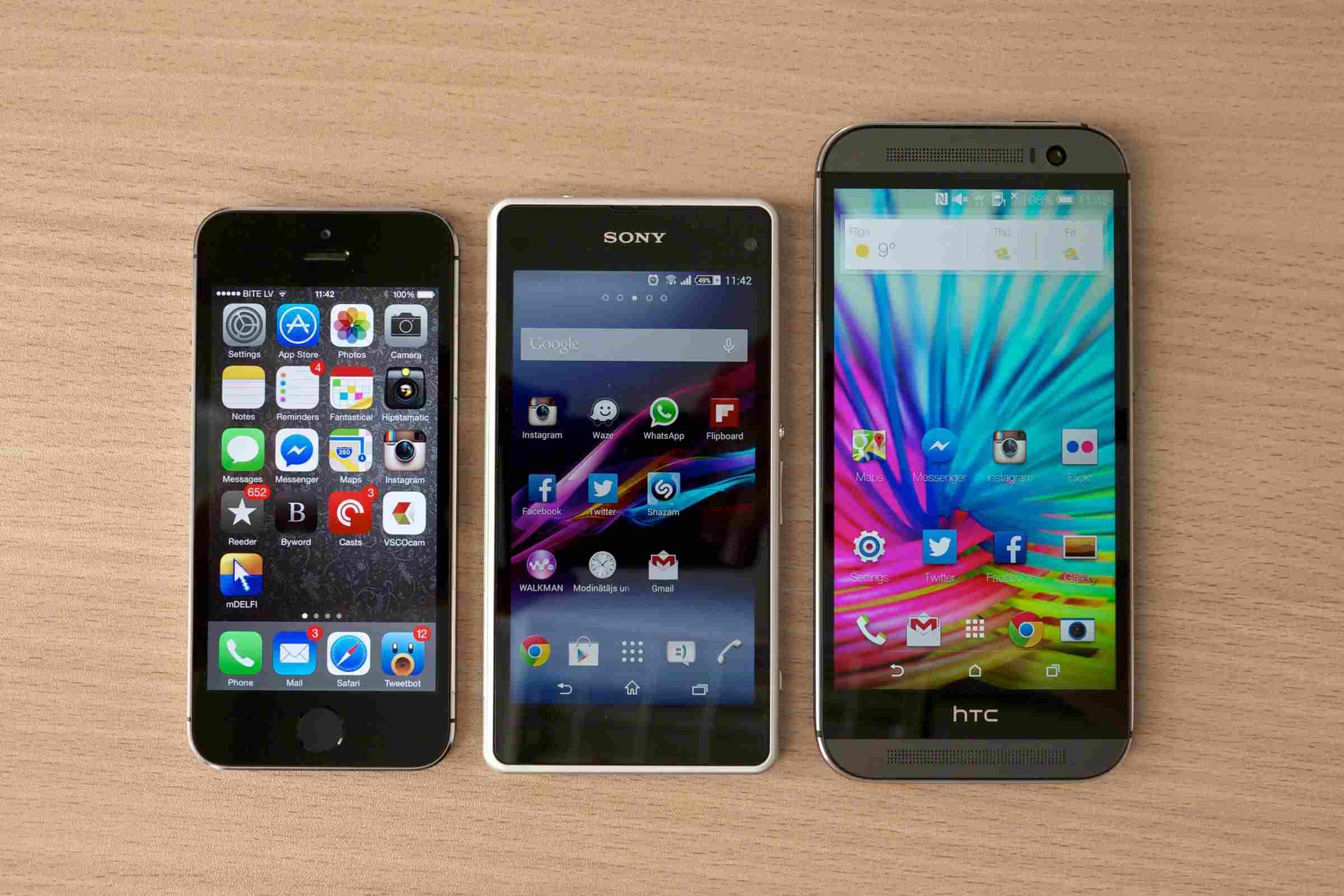 HTC One (M8) против Sony Xperia Z1 Compact против iPhone 5S