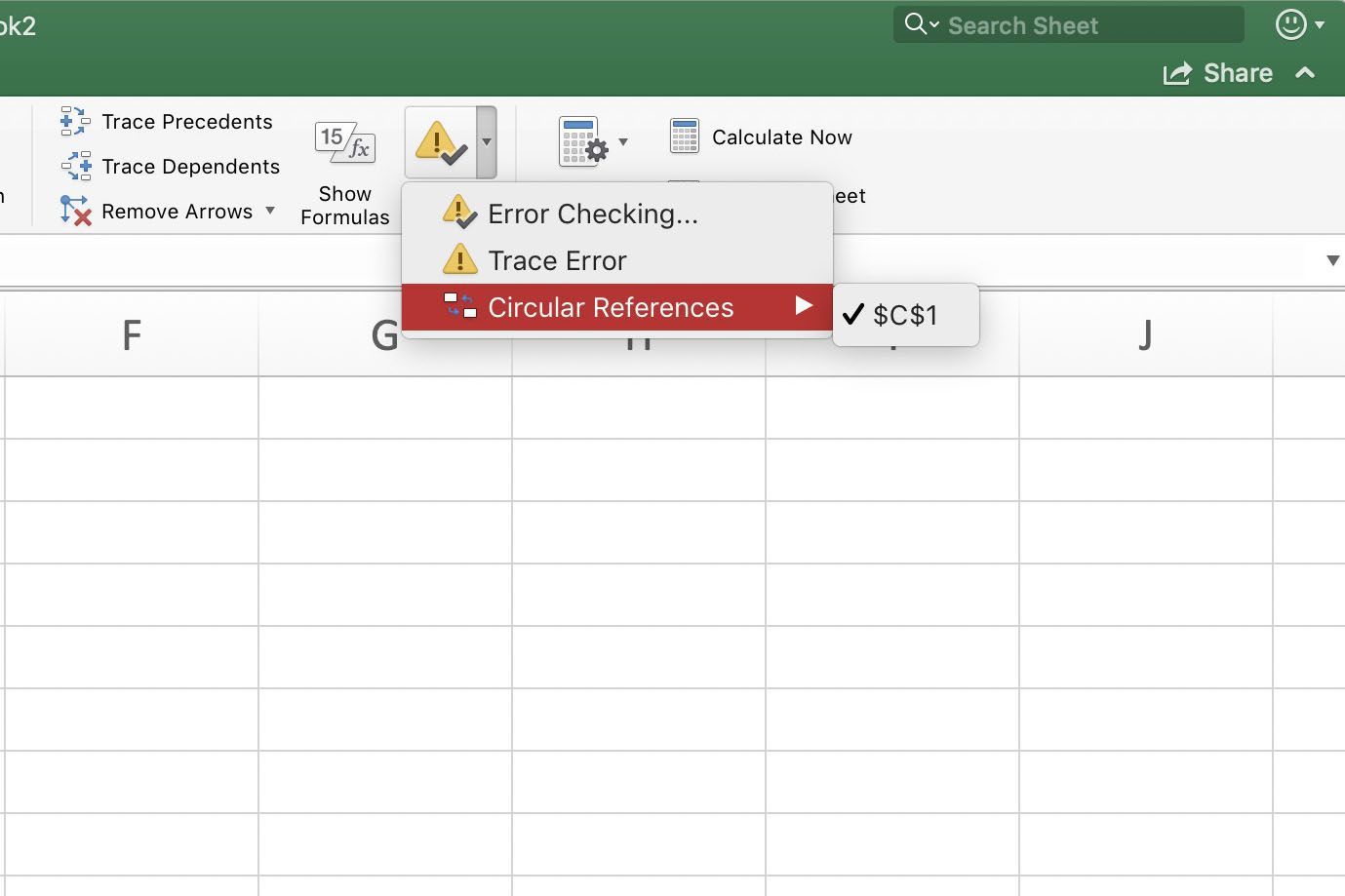 Снимок экрана Excel, показывающий проверку ошибок